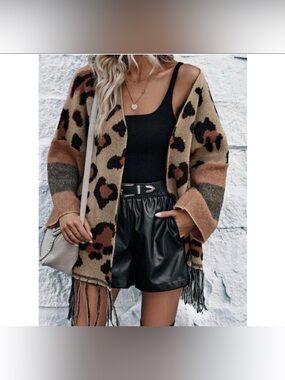 Leopard Print Fringe Open Cardigan in Black, Brown, Tan
